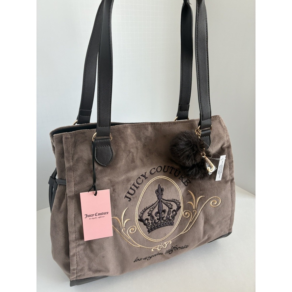 JUICY COURTURE~ Juicy Magnifique Tote Bag~Iced Coffee Velvet W/Pom Pom Charm NWT